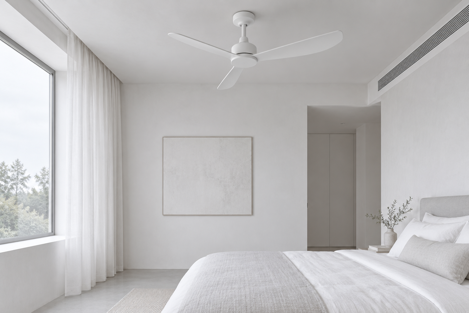 White ceiling fan and discreet HVAC grille in a daylit bedroom