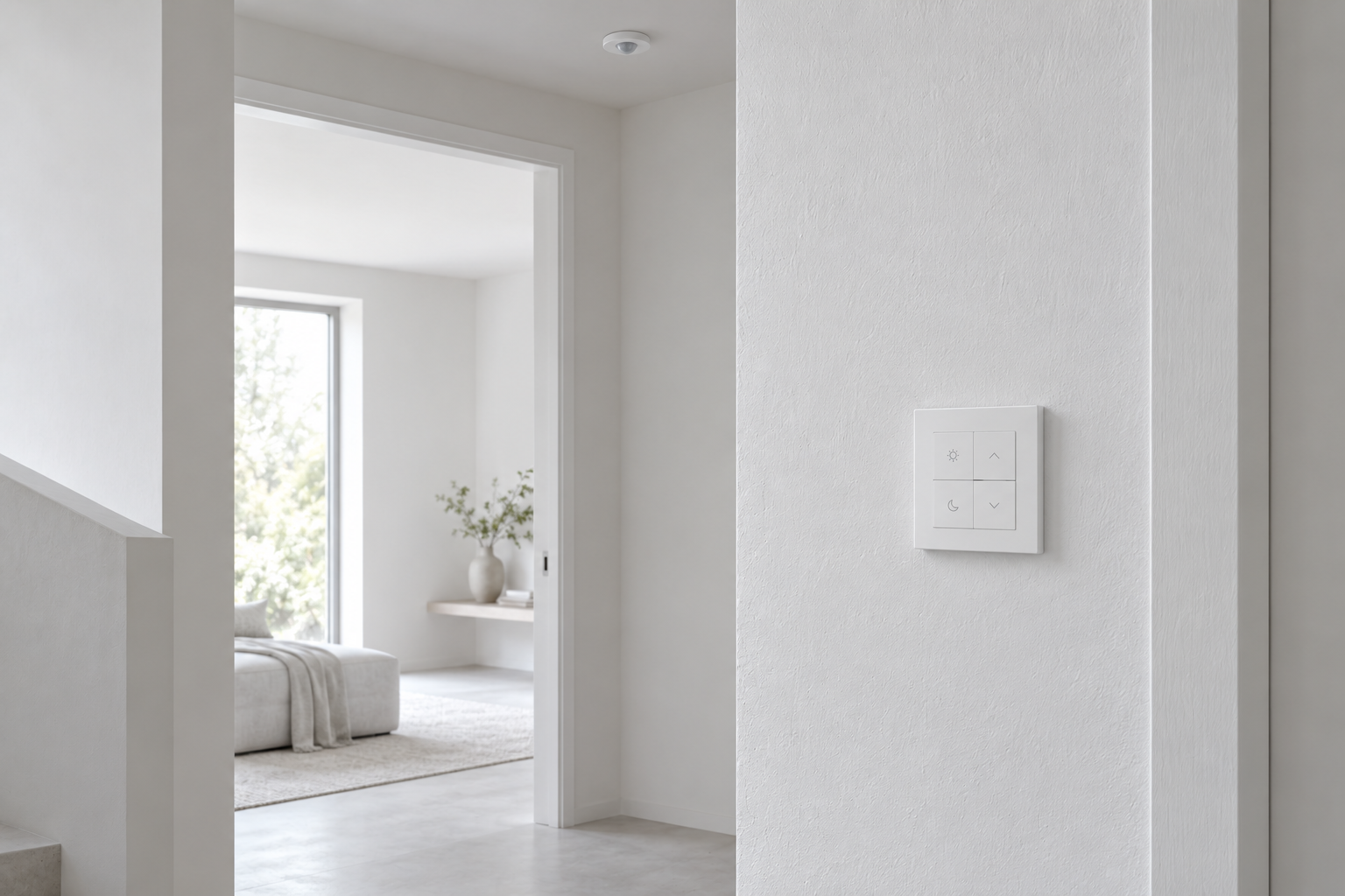 White control keypad and ceiling sensor in a daylit hallway