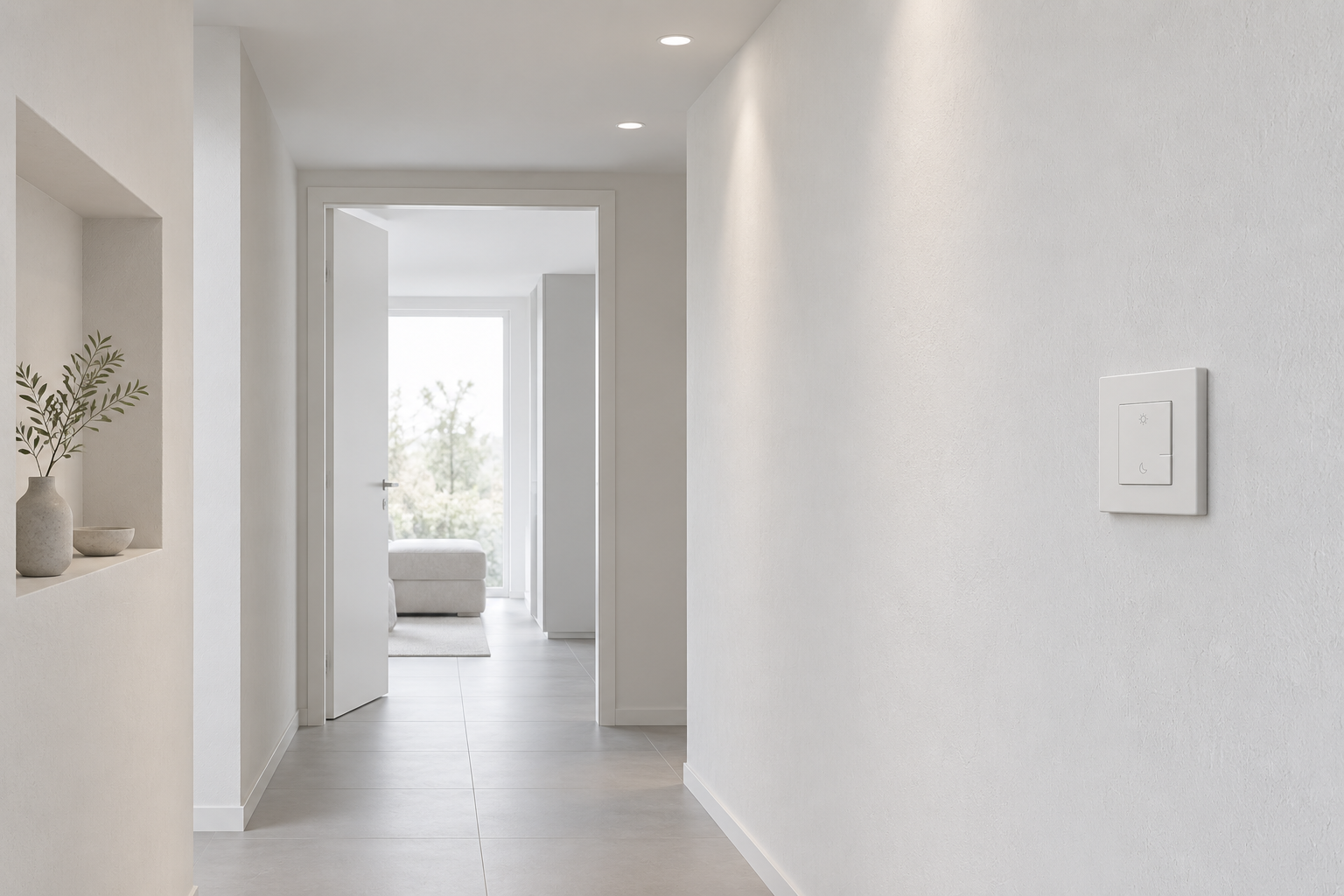 Discreet recessed downlights in a white apartment hallway