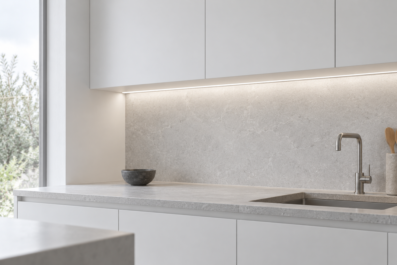 Concealed strip lighting beneath white kitchen cabinets