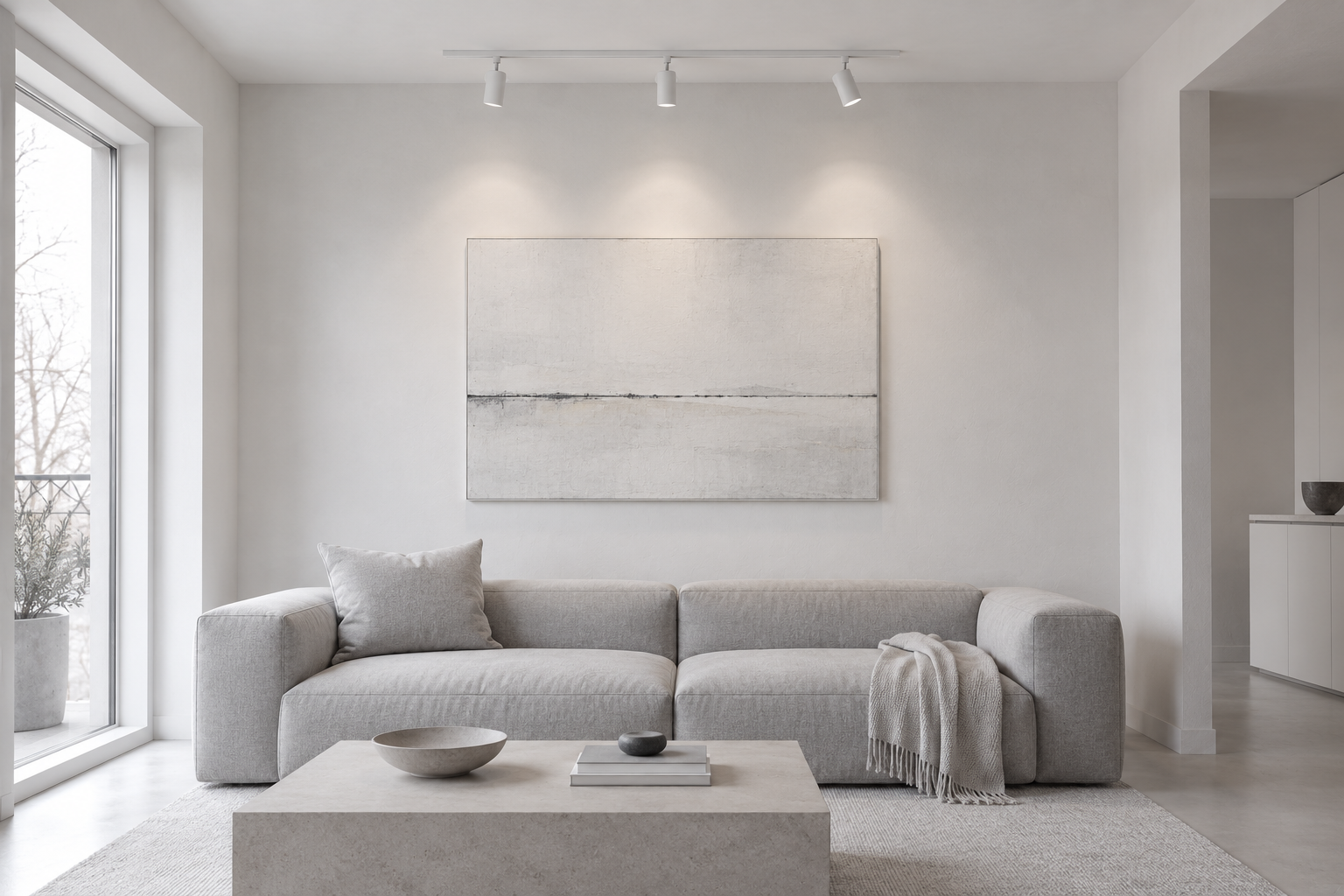 White track lighting above artwork in a simple daylit living room