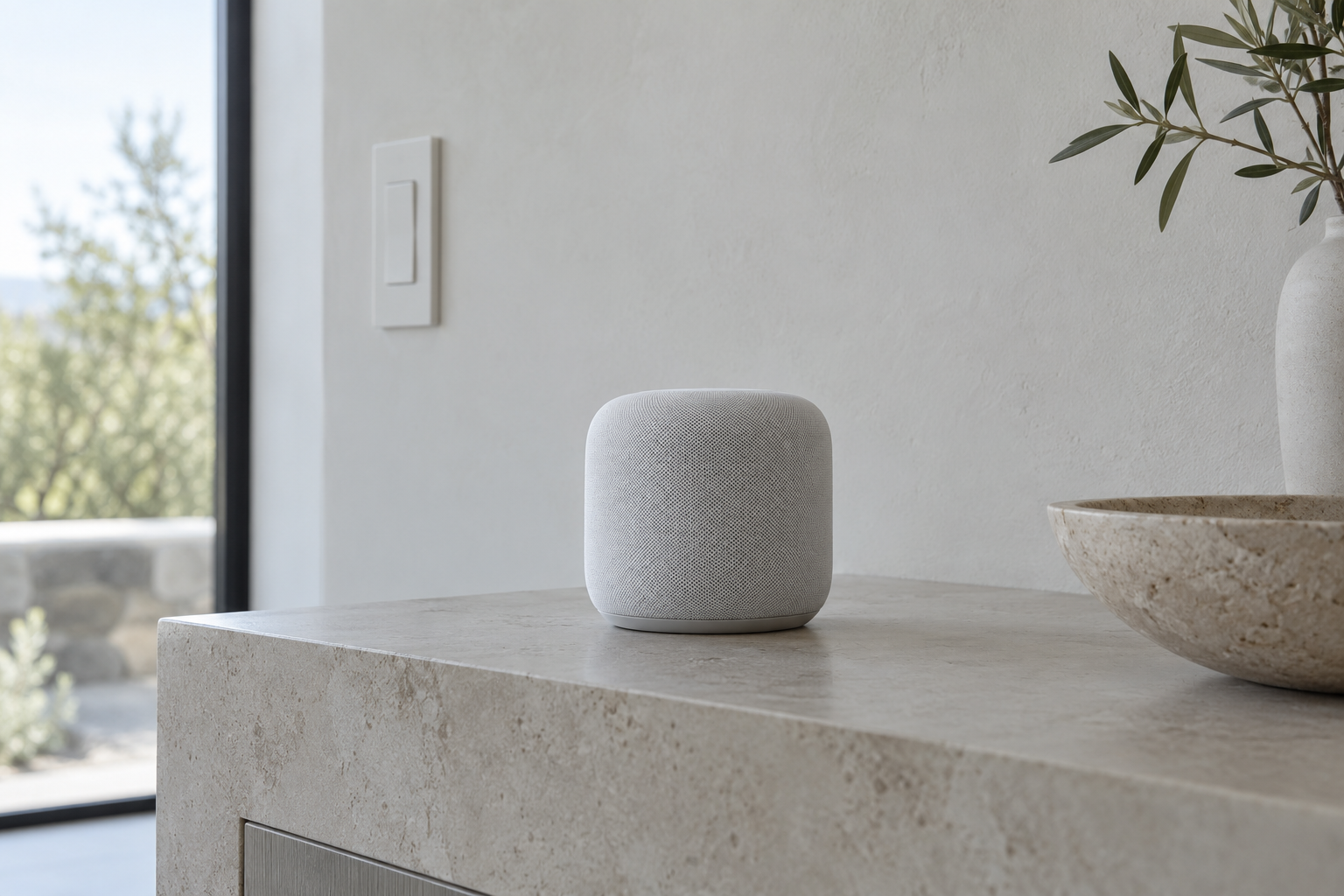 White voice-control speaker on a pale stone console in a daylit room
